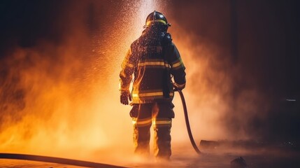 A firefighter fights the flames with water and a fire extinguisher. Concept of bravery and heroism of firefighters. Generative AI