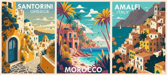 set of travel destination posters in retro style. santorini greece, morocco, amalfi coast italy prin