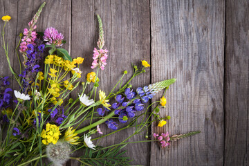 Wall Mural - Wild flowers on old grunge wooden background (chamomile lupine dandelions thyme mint bells rape)