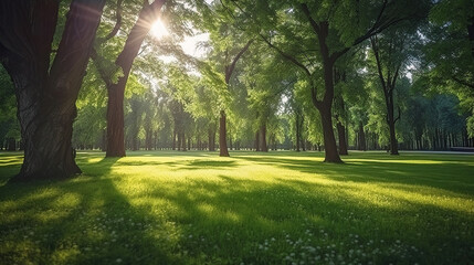 Product photograph of Trees in the park with green grass and sunlight, fresh green nature background.