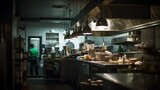 Fototapeta  - Professional restaurant kitchen interior, indoor dark background with furniture and utensils. AI generative image.