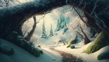 Wall Mural - Beautiful fantasy dense forest landscape with melting snow and old growth trees. Magic woods background with copy space. Fairy tale outdoor backdrop. AI generative image.