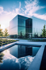 Wall Mural - Modern sleek warehouse office building facility exterior architecture, glass, pool. Generative AI