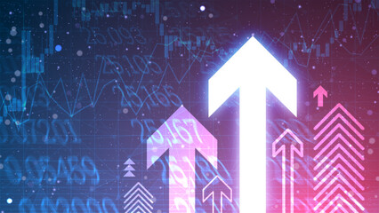 Glowing arrows for business growth concept in futuristic technology style. Successful financial development on blue gradient background. Digital cyber wallpaper for the stock market sources