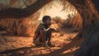 Little pensive African boy sitting on the sand under a tree with a sunset in the background. The problem of drinking water in Africa. Drought. Generated by AI Generative AI