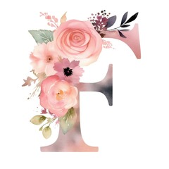 Pink F Letter with Flowers Watercolor Art Generative AI