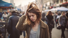 Young Adult Woman Or Teenager Girl, Thinks And Seems Confused Or Shocked Or Sad, Scared Or Frightened, In A Crowded Shopping Street In A City, Fictional Place