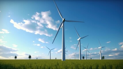 Wind turbines on the green field against the blue sky. Production of renewable green energy. Sustainable development concept. Mock up, 3D rendering. Generative AI