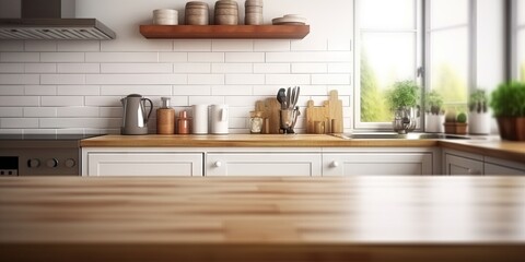 Kitchen room in Spacious Home. Wooden tabletop in a modern interior