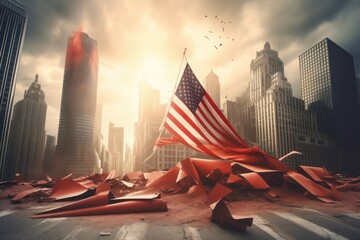 The fall of the American flag against the background of the burning skyscrapers. The collapse of the American economy, inflation, bankruptcy, the destruction of the financial system. 3D Generative AI