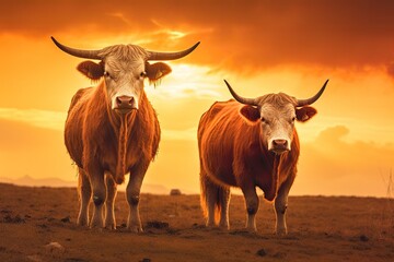 two cows in a field with a scenic orange sky generative ai