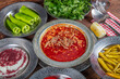 Turkish Soup Kelle paca with Lamb Meat, Chopped Garlic and Vinegar Sauce. Traditional Organic Food. Traditional soup of Gaziantep, Turkey. (Turkish name; Kelle Paca corbasi).