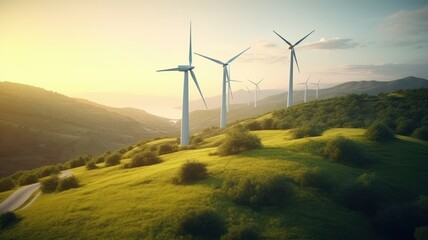wind turbines on the green hills against the colorful sunset sky. production of renewable green ener