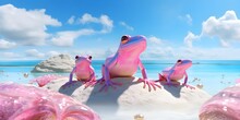 "Enchanting Amphibians: Frogs On A Rosy Beach" | Background Design | Generative AI Artwork