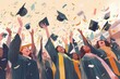 © Kishore Newton - Students celebrating graduation, tossing their hats in the air, full of joy and congratulations. Generative AI