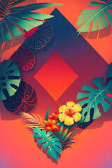 Wall Mural - Red rhombus background with tropical pattern. Generative AI