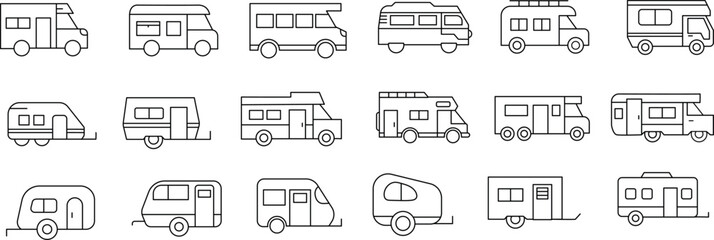 Set of caravan, camper van, and motorhome line icons