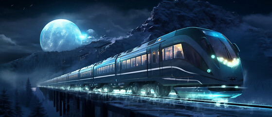 3D illustration of futuristic train in the night