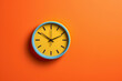 Blue and yellow clock isolated on an orange wall --Generative AI