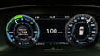 Electric car speedometer reaching speed extremely fast driving. Acceleration electric vehicle dashboard closeup. Acceleration electric car engine. Powerful Engine. Electric Vehicle Dashboard Panel