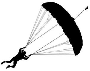 Wall Mural - Skydiver silhouette clipart. Skydiving. Base jumping. Isolated silhouette of a man flying on a parachute. Extreme air sport.