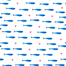 Seamless Pattern With Watercolor Blue Fishes And Hearts. Underwater Background. Marine Theme.
Good For Wrapping Paper, Textile, Prints And Other.