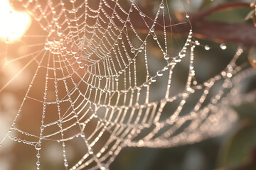 a close-up shot of a dew-covered spider web glistening in the soft morning light, capturing the intr