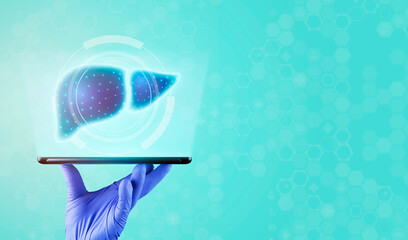 Hepatologist. The doctor's hand holds a tablet. The digital liver is projected through an interface. Concept of technological development in specialized medicine. Isolated on green background.