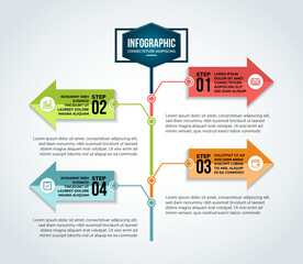 Poster - Modern 4 step infographic design template.Vector can be used for timeline workflow layout, diagram, number step up options, web design ,annual report. arrow shape with hexagon on top.