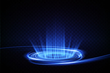 Leinwandbilder - Magic fantasy portal. Futuristic teleport. Light effect. Blue candles rays of a night scene with sparks on a transparent background. Empty light effect of the podium. Disco club dancefloor. 