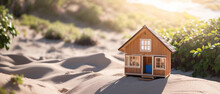 Miniature Model Of A Wooden House On The Coast, The Concept Of Real Estate By The Sea. Generative AI.