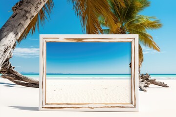 Wall Mural - A beach with sand and palm trees in the background. Summer free space image for your decorative needs. Generative AI