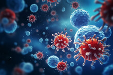 Close Up Macro Details Of Red Blue Microbes Molecules Virus Bacteria. Coronavirus Outbreak COVID-19. Medicine Concept
