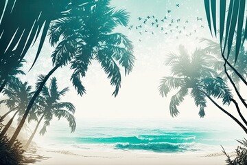 Wall Mural - A hazy beach with palm trees serves as the background. Idea for a summer getaway. Generative AI