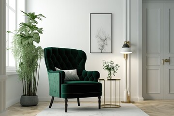 Canvas Print - cozy living room featuring a green velvet chair and a vibrant potted plant. Generative AI