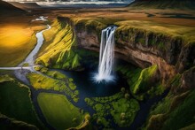 Aerial shot of the Seljalandsfoss waterfall in Iceland. One of Icelands most magnificent waterfalls. Generative AI