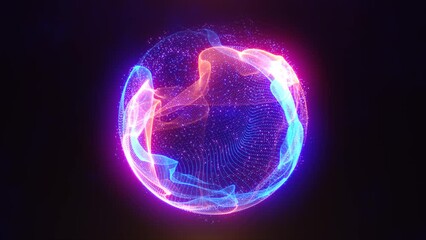 Poster - Abstract energy sphere with glowing bright particles, atom from energy scientific futuristic hi-tech background