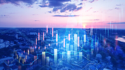 Wall Mural - Big data chart on city backdrop.Trade technology, and investment analysis.Business development, financial plan and strategy.Analysis finance graph and market chart investment.