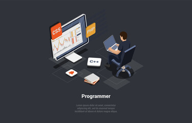 Wall Mural - Software Development Coding Process. Programmer Web Developer Coding App For Trading using PHP Programming Language. Screen With Chart And Script. Man Coder Engineer. Isometric 3d Vector Illustration