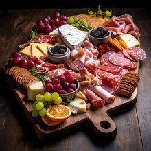 Charcuterie, Cheese, Various Snacks On A Wooden Board