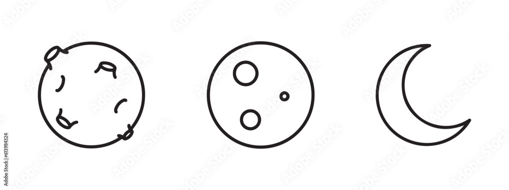Moon icon of 3 types. Set of simple moon line icons. Outline stroke ...
