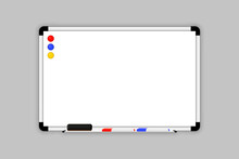 Magnetic marker whiteboard with erasing sponge pen and magnets. Empty white marker board. Mock-up office white blackboard. Whiteboard with marker pens and a sponge