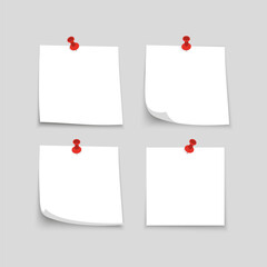 Collection of various white note papers. Collection of notes with curl and shadow, pinned red pushbuttons. Realistic paper stickers for your message. Vector illustration