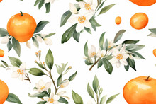 Fresh Seamless Pattern  With Collection Oranges, Orange Blossoms And Leaves In Clipart Watercolor Design On White Background