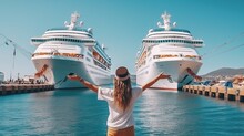 Back View Of Traveler Girl With Raised Arms Standing In Front Of Big Cruise Liner Generative AI