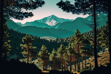 Poster - serene mountain landscape with lush trees in the foreground. Generative AI