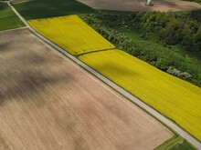 Aerial View Of Landscape With Plowed Agricultural Land, Yellow Canola Field And A Road In The Middle In Spring