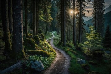 Poster - dark forest path at night with moonlight shining through the trees. Generative AI