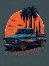 Pick Up Truck, Mountains, Retro T-shirt Design Art