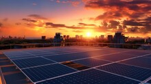 Solar Panels Installed On Building Roofs Panoramic View Of The City At Sunset Clean Eco-electric Power Generation, Renewable Energy Concept